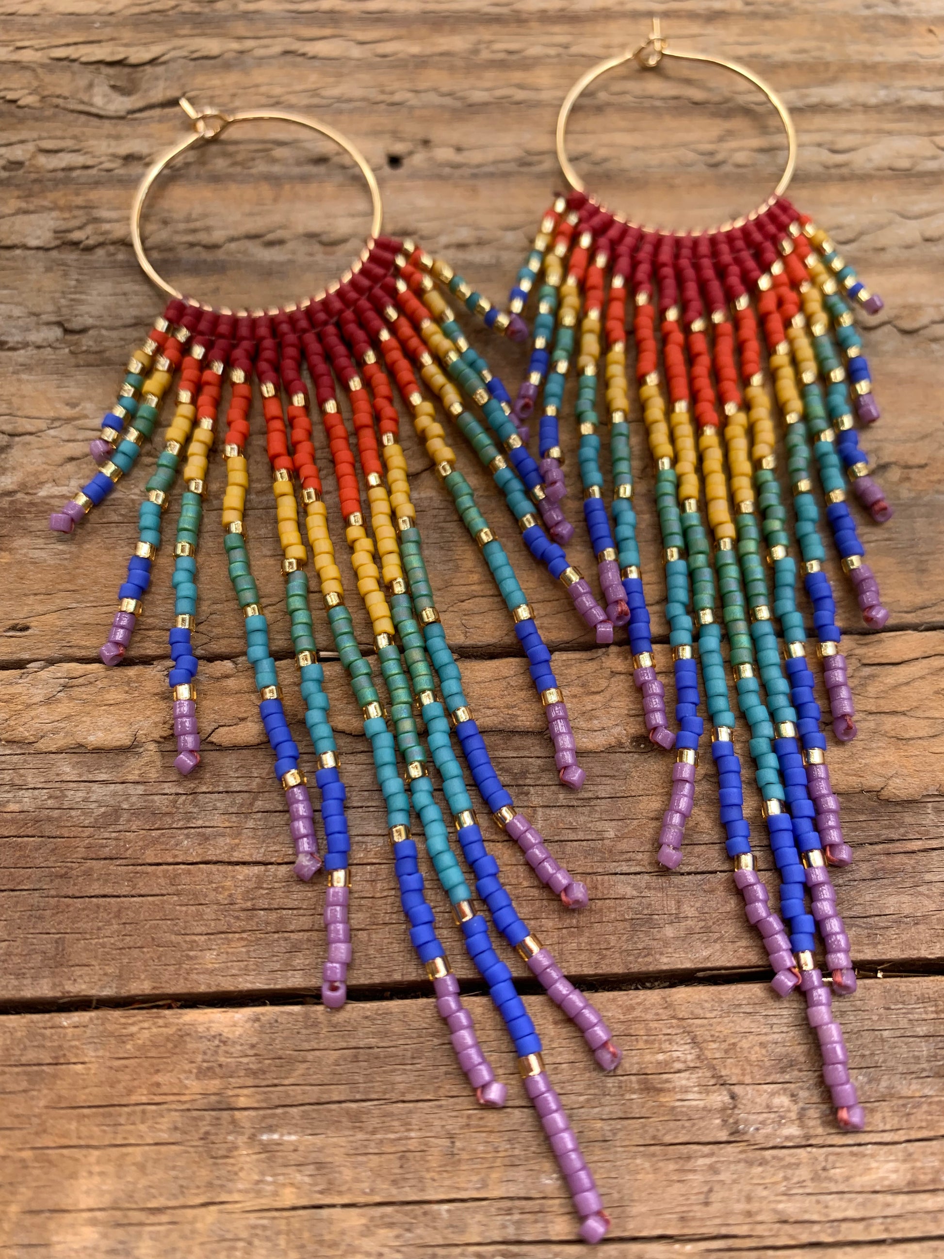 Rainbow Beaded Fringe Boho Brass Earrings